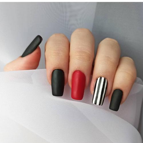 Black Red Stipes Nails